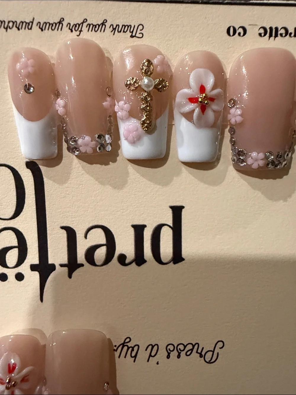 Nude & White French tip 3D Floral handmade acrylic Press-On Nail